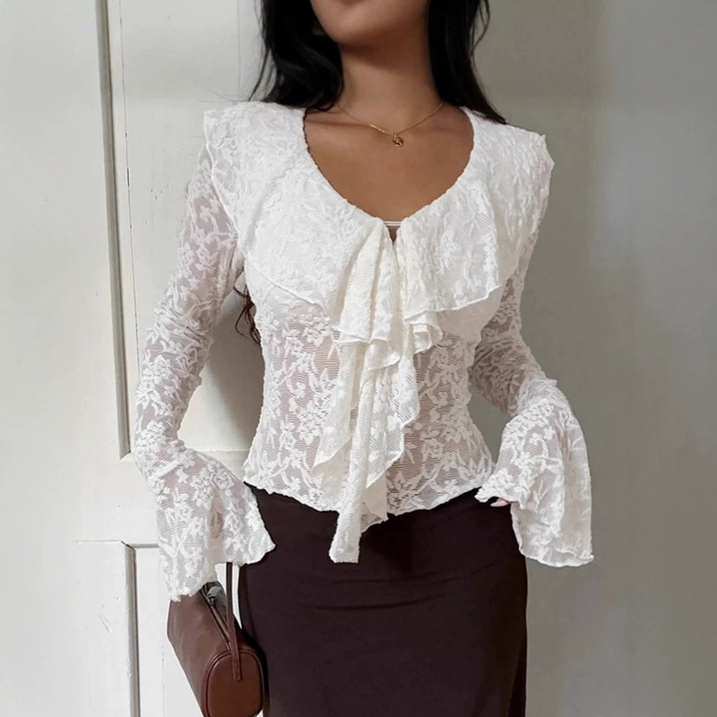 Elegant Commuter White Lace Top for Women 2026 Spring Design French Style Bell Sleeve Ruffle Shirt Women's Clothing Elegant Commuter White Lace Top for Women 2026 Spring Design French Style Bell Sleeve Ruffle Shirt Women's Clothing