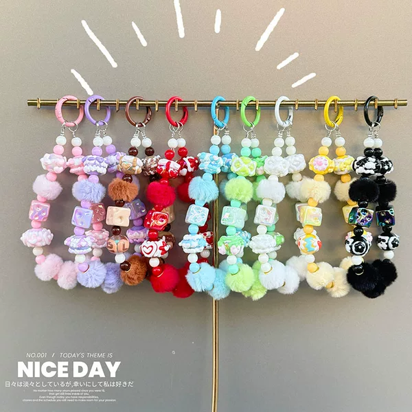 New Cheese Square Beaded Mobile Phone Chain Creative Fur Ball Bag Hanging Jewelry Hand-painted Beads Keychain Accessories Wholesale