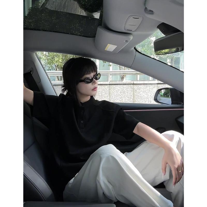 American-Style Heavyweight Henley Collar Straight-Shoulder Patchwork Loose Short-Sleeve T-Shirt for Men, Summer High-Street Design Half-Sleeve Top