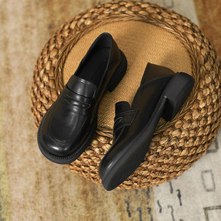 2024 French Thick-Soled Loafers for Women Genuine Leather Heightening Slip-On Patent Leather Lazy Shoes Retro Soft Leather Jk Leather Shoes