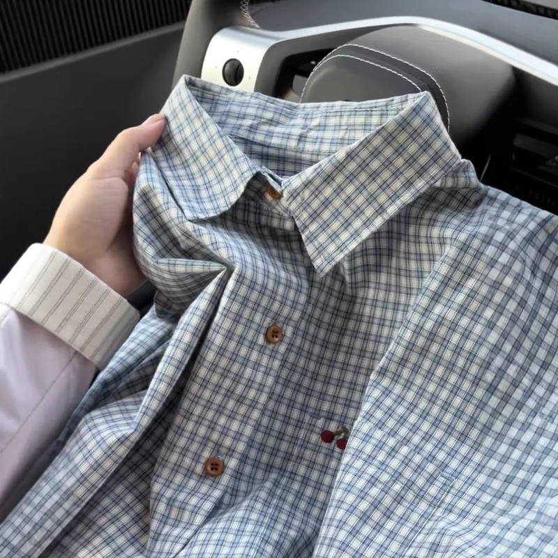 Japanese-Style Lazy and Relaxed Cherry Embroidery Shirt for Women, New Spring Loose Versatile Plaid Shirt Jacket Japanese-Style Lazy and Relaxed Cherry Embroidery Shirt for Women, New Spring Loose Versatile Plaid Shirt Jacket