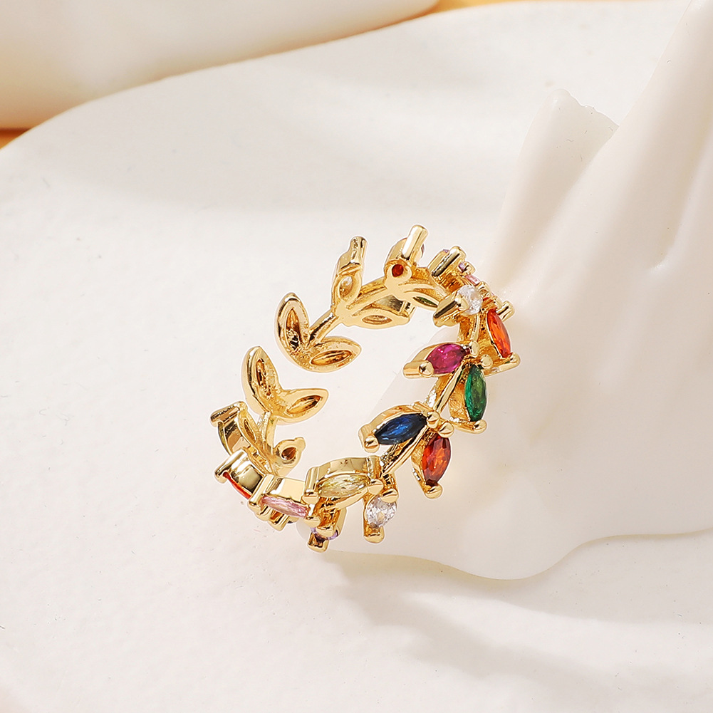 Sweet Leaf Copper Plating Zircon Open Ring 1 Piece