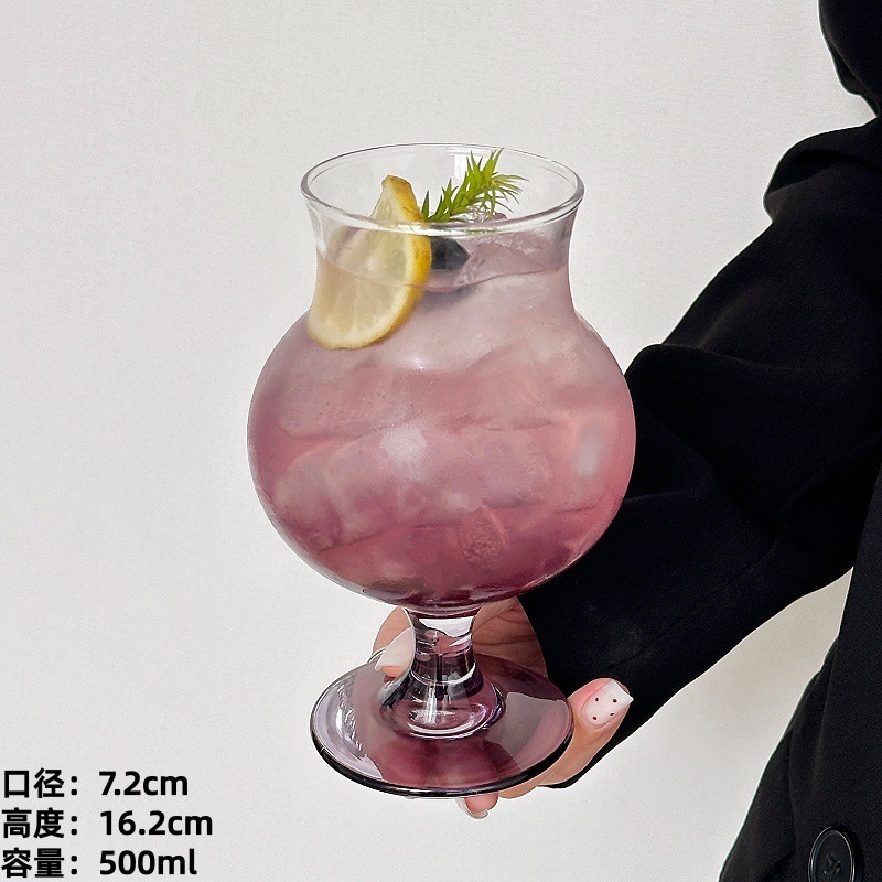 Ins vidrio de viento taza de pie alto encanto púrpura de alto valor facial taza de agua burbujeante taza de jugo taza de bebida fría taza de cóctel
