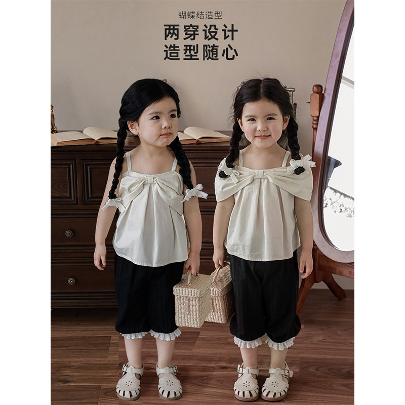 Qiu Duomeng girls' bow halter top baby cute top thin 2024 summer new children's Korean style clothes