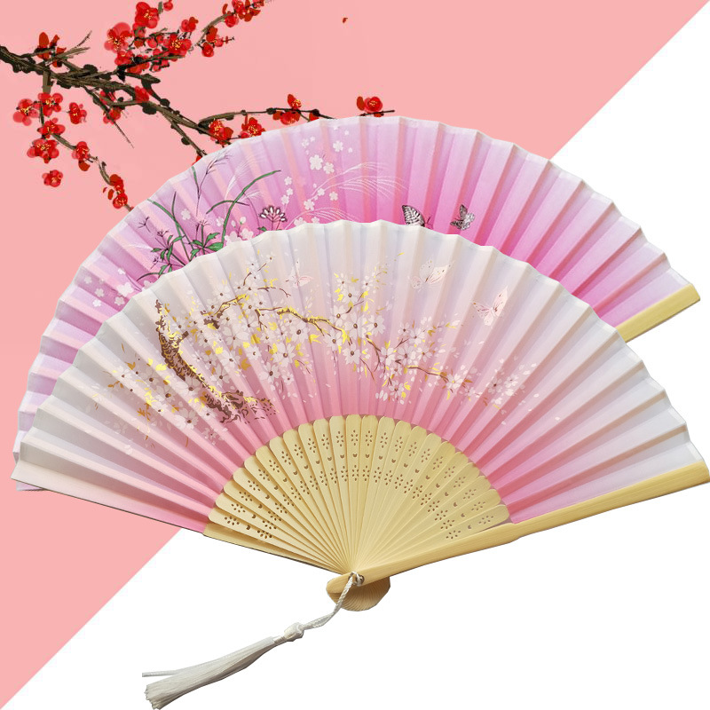 Dos puntos de venta de un ventilador de sonrisa de color real hueso imitación de seda ventilador estampado de oro elegante dama ventilador compacto ventilador plegable al por mayor