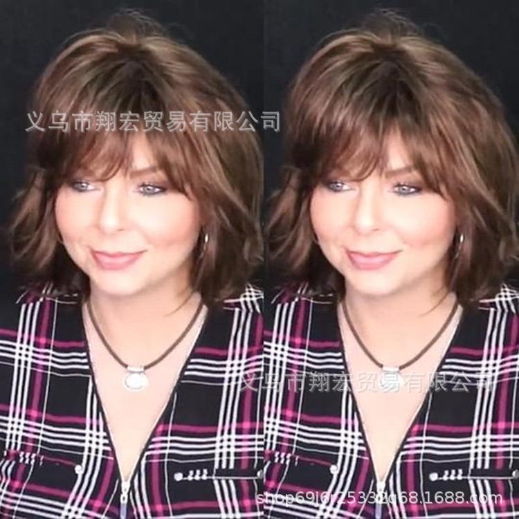 2021 independent website new hot selling European and American wig straight bangs Brown short curly hair factory direct wholesale