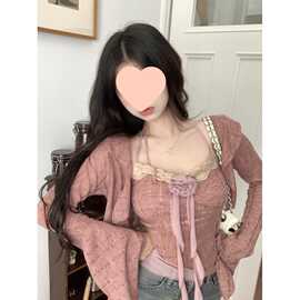 纯欲甜美蕾丝拼接花朵吊带背心套装女秋季长袖披肩罩衫上衣两件套