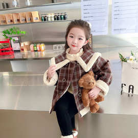 女童格子毛绒外套2025冬季新款儿童双排扣呢大衣宝宝保暖外套百搭
