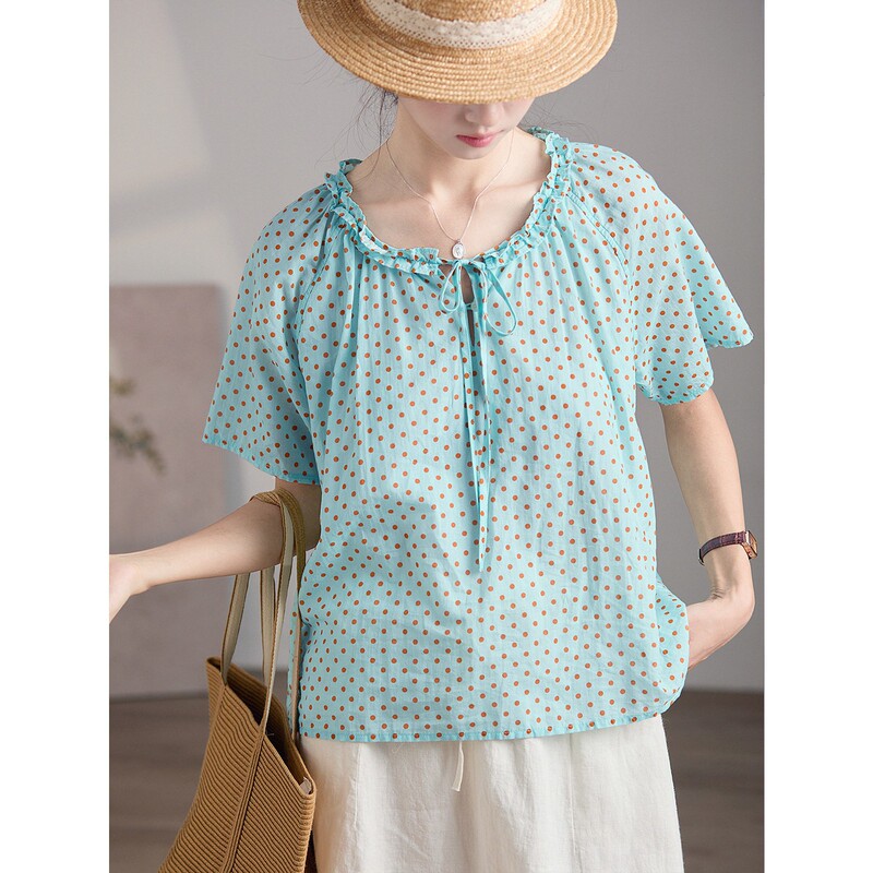 GJCP Hemp Cotton French-style Fresh Lace Round-neck Polka Dot Shirt, Light and Flowy Short-sleeved Top for Petite Women, Summer GJCP Hemp Cotton French-style Fresh Lace Round-neck Polka Dot Shirt, Light and Flowy Short-sleeved Top for Petite Women, Summer