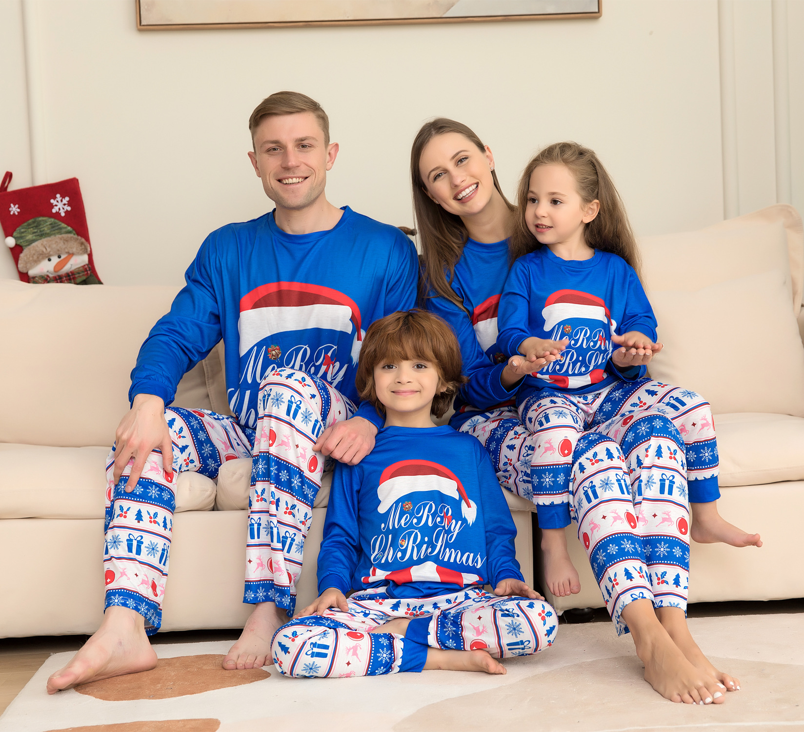 Christmas Striped letter-print home suit pajamas suit Santa hat family suit_voghion.com