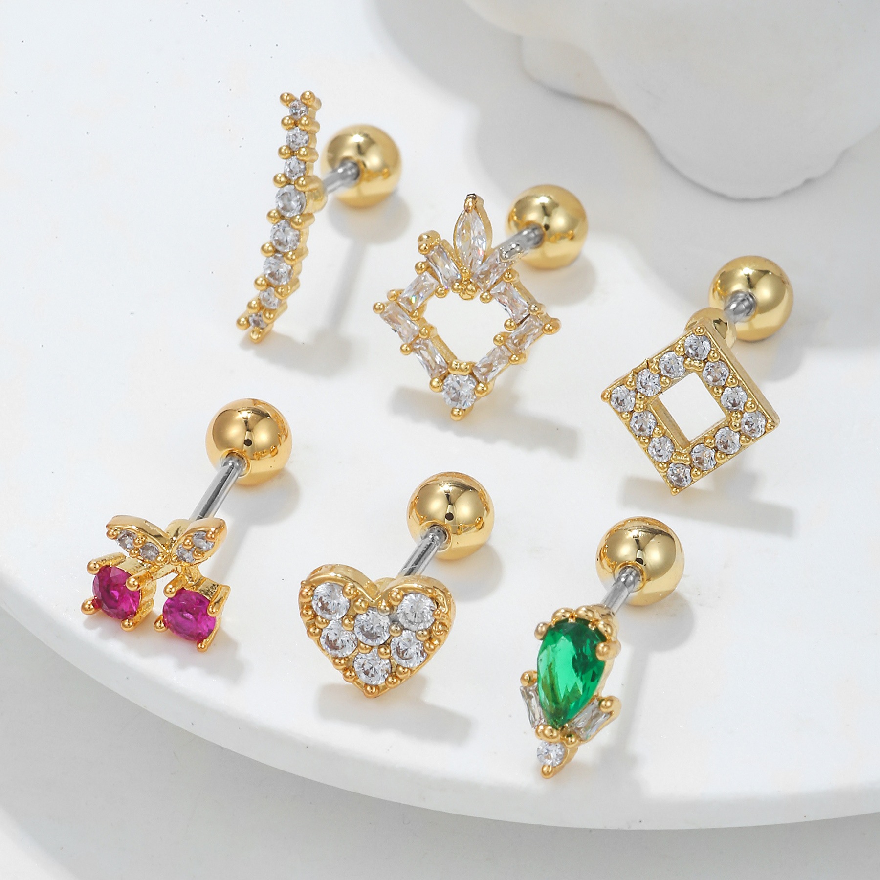 Fashion Square Cherry Heart Shape Copper Inlaid Zircon Ear Studs 1 Piece