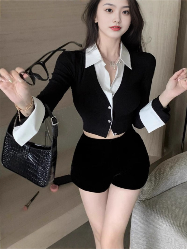 早秋纯欲辣妹撞色拼接假两件长袖时尚修身显瘦独特别致短款小上衣|undefined