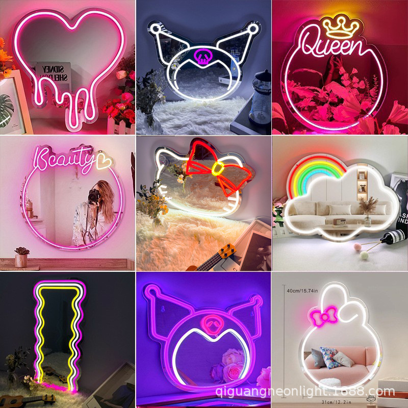 Cross-border cartoon mirror neon light bedroom makeup LED light KT cat acrylic mirror cat LED luminous mirror