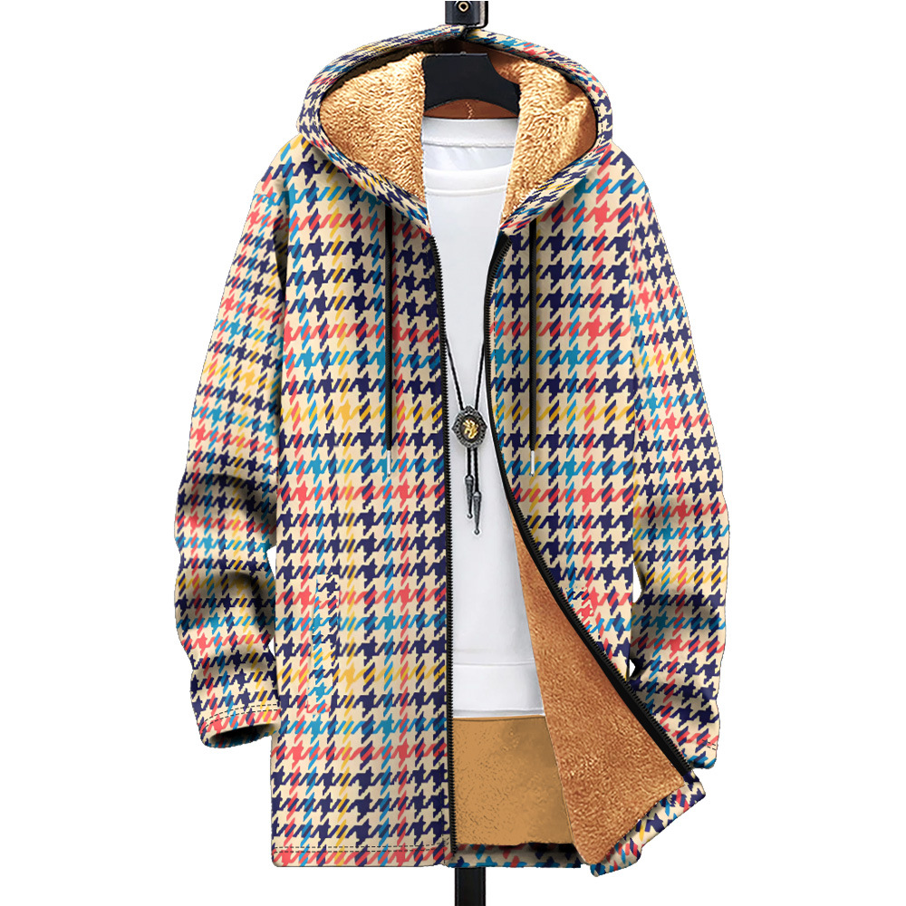 New men's multi pattern cotton jacket with plush insulation 3D printed hooded cardigan zipper pocket thickened British_voghion.com