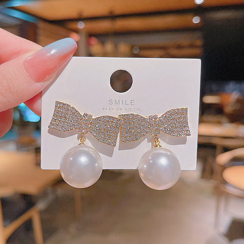 S925 Silver Needle Korean Style Exaggerated Full Diamond Bow Earrings Women's Big Pearl Personality Pendant Earrings Stud Earrings