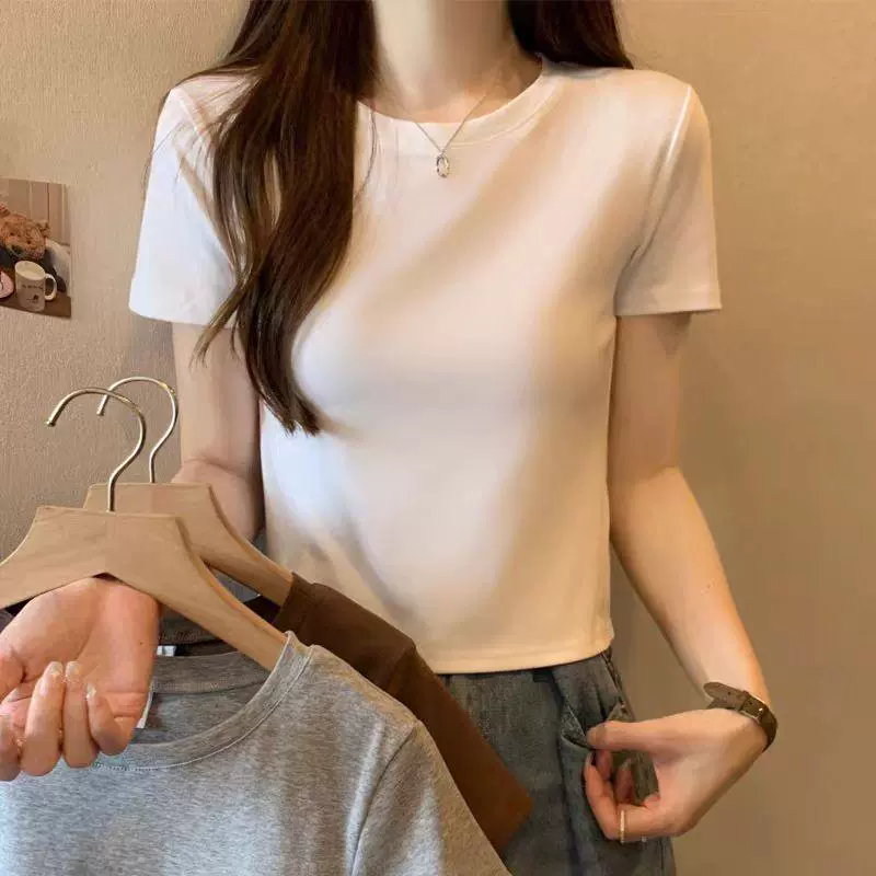 女士复古辣妹装短t 2025跨境爆款夏天修身短款t恤圆领短袖t恤女
