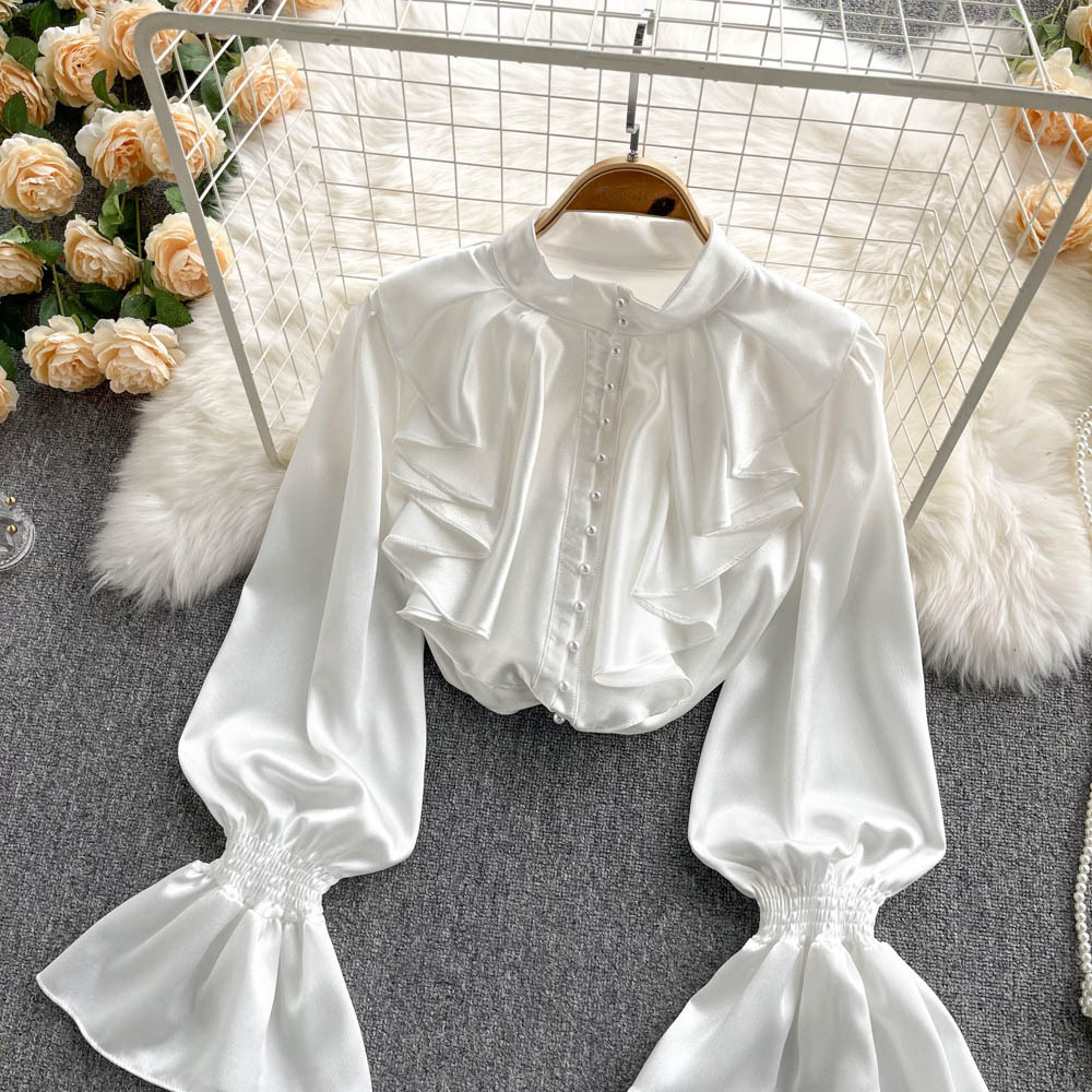 Chic GraceChic GraceChic GraceChic Foreign Trade French High-End Shirt For Women With Ruffled Stand Collar, Single-Breasted Sweet And Elegant Lantern_voghion.com