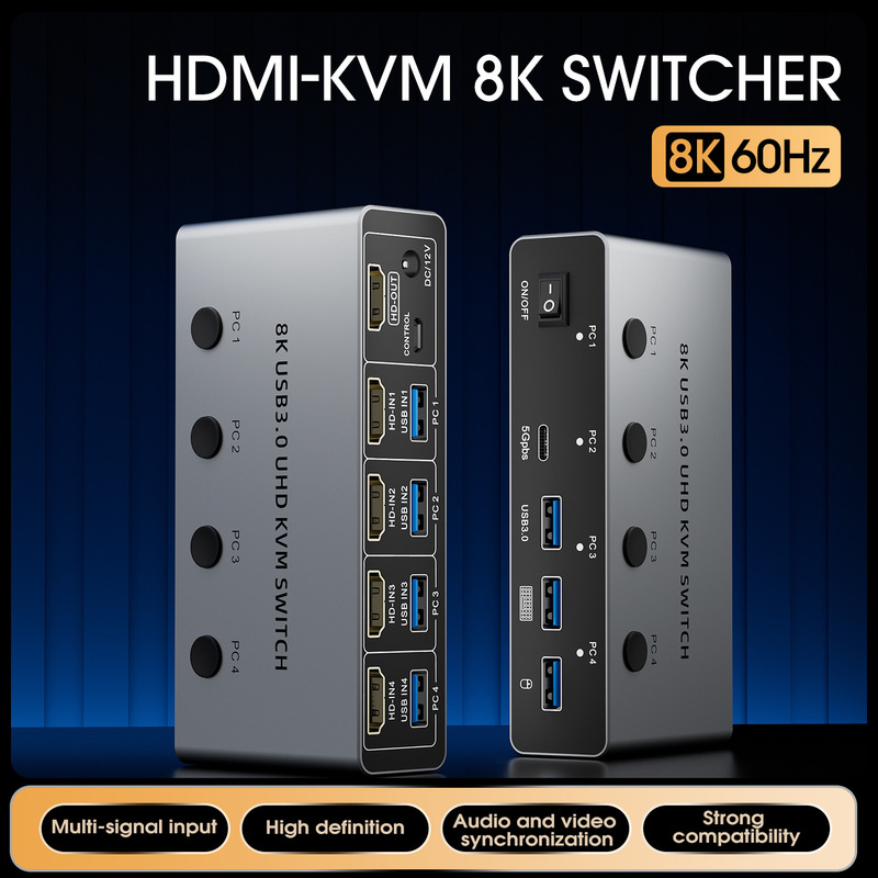 8K Kvm Switch HDMI 4 in 1 Out Usb3.0Kvm 4 Hosts 1 Monitor Share Mouse and Keyboard
