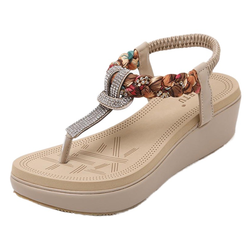 Verano 2024 estilo étnico zapatos de las mujeres playa bohemio cuña rhinestone floral más tamaño sandalias tejidas