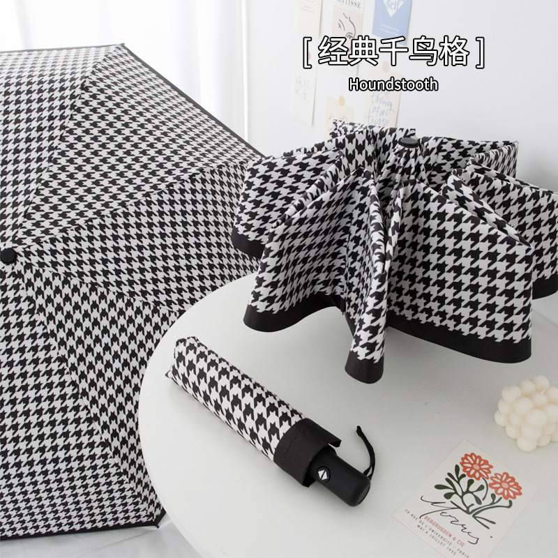 Wholesale Fully Automatic 70% off Sunny Umbrella Houndstooth Plaid Foldableing Umbrella Vinyl Anti-Uv Sun Protection Sunshade Umbrella