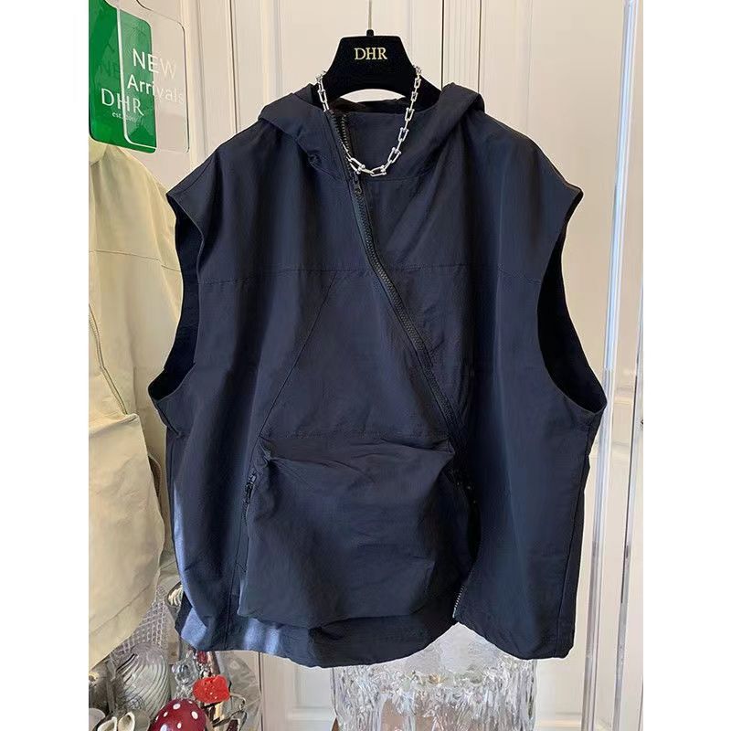 New extra large size loose casual oblique zipper pocket hooded vest women's vest men's sleeveless jacket workwear men New extra large size loose casual oblique zipper pocket hooded vest women's vest men's sleeveless jacket workwear men