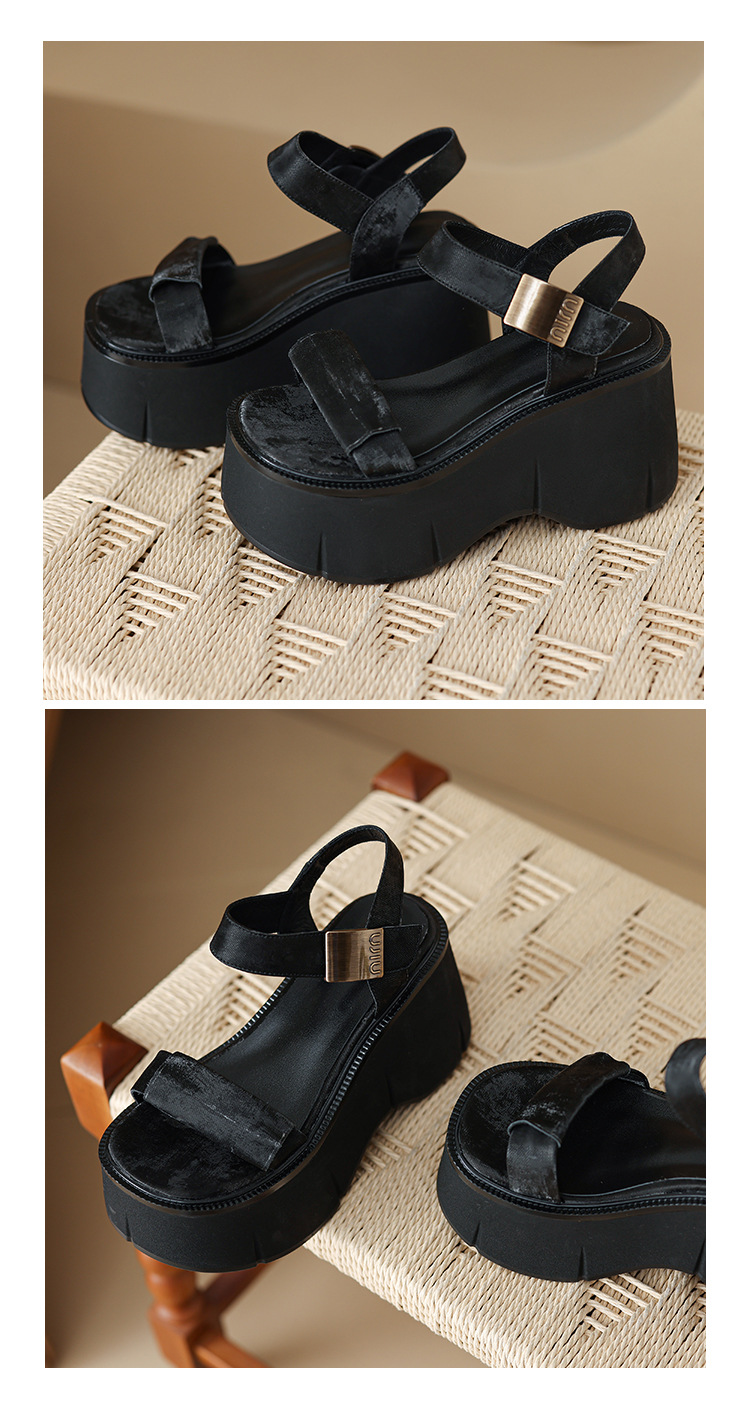 Sandal cao gót nữ phong cách Pháp cổ điển đế xuồng tăng chiều cao hở mũi khóa kim loại — màu nâu, màu đen, màu trắng ngà chi tiết 15