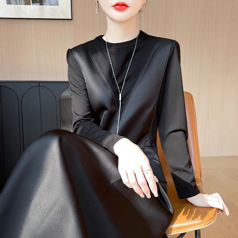 French Acetate Satin Dress for Women, New Solid Color Black Dress, Waist Slimming, Mid-Length Over-The-Knee Skirt