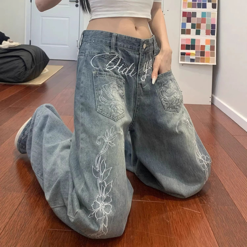 American Retro Embroidered Floral Jeans for Women, New Spring Style, Washed Wide-Leg Versatile Slimming Floor-Length Pants American Retro Embroidered Floral Jeans for Women, New Spring Style, Washed Wide-Leg Versatile Slimming Floor-Length Pants