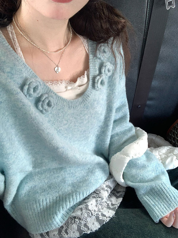 薄荷奶糕花朵U领套头毛衣针织衫女2025秋冬慵懒风上衣设计感|undefined