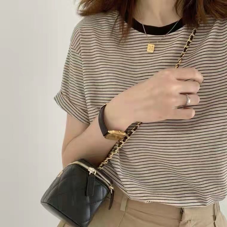 Striped Color-Blocked Short-Sleeved T-Shirt for Women Ins Trbottomy Women's Pure Cotton Bottoming Shirt 2023 Summer Loose Design Top Wholesale