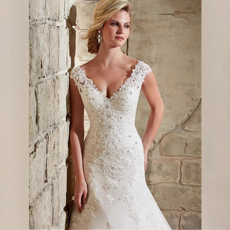 European and American Fashion Simple 2025 New Wedding Dress Double Shoulder Deep V Fishtail Wedding Dress Lace Backless Slimming Look