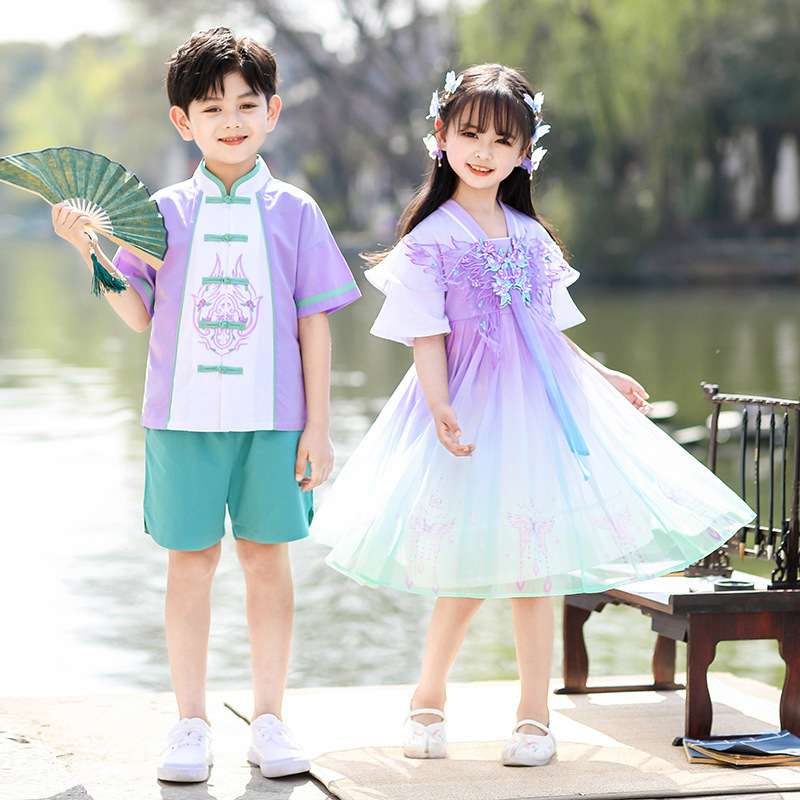 Puppet Bus Children's Clothing Summer Girls' Hanfu Dress Retro Style Boys' Performance Costumes Dance Performance Outfits