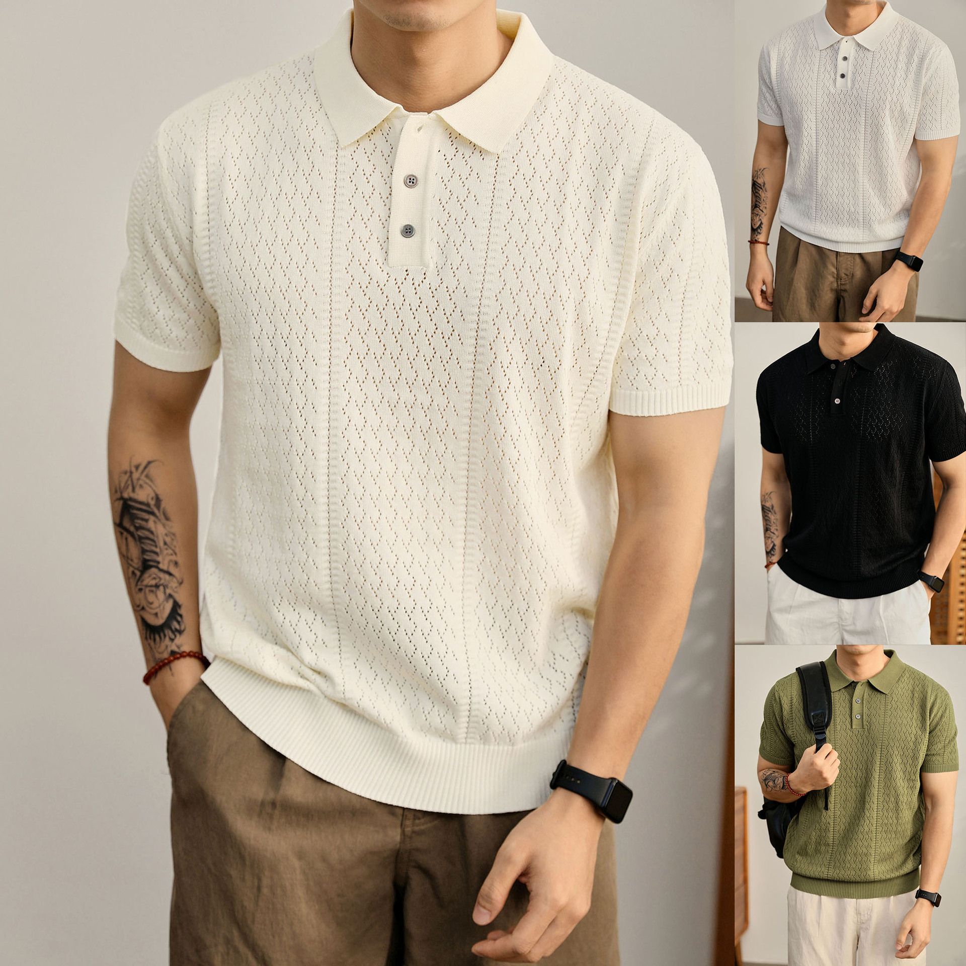 Polo camiseta de punto camiseta de manga corta camiseta hombre hueco diamante viejo viento ventilado seda de hielo transbordador de verano fábrica al por mayor