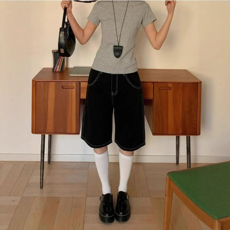 Black Straight-Leg Denim Shorts Women Summer 2025 New High-Waisted Slimming Loose Wide-Leg Mid-Length Shorts