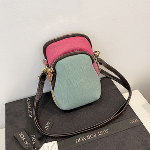 Genuine Leather Women's Bag 2024 New Fashion Versatile Small Square Bag Spliced Mobile Phone Bag Women's Bag First Layer Cowhide Crossbody Bag