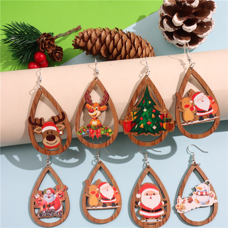 wooden Christmas retro earrings drop-shaped for elderly