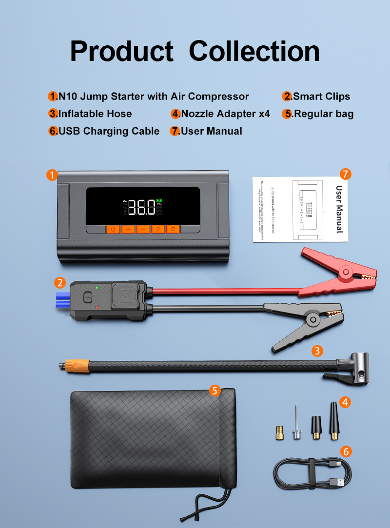 [N10] Cross-Border Car Emergency Starting Power Supply and Air Pump All-In-One Jump Starter, Multifunctional Portable Battery Booster