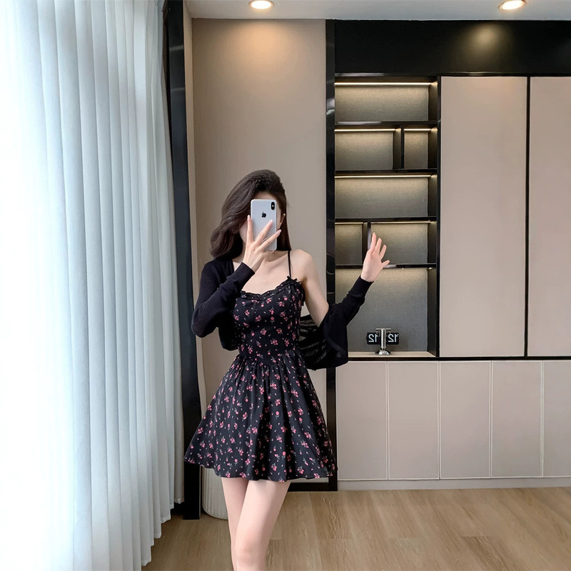 Cool and Stylish Floral Elastic Waist Strap Dress for Women, 2026 New Holiday Style Short Dress with Shawl