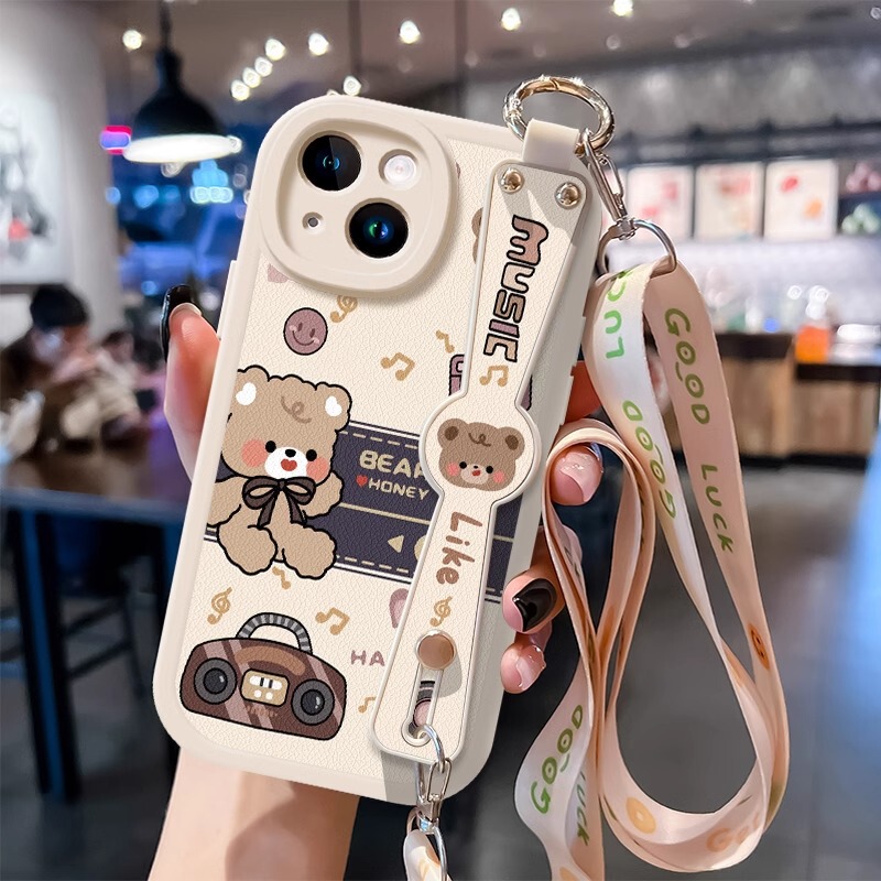 Apple 16 Mobile Phone Case Iphone15Pro Diagonal Wrist Strap Lanyard 14Promax Bear Classy 11 Soft Shell XS