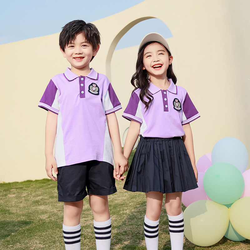 幼兒園園服夏季套裝兒童班服英倫純棉紫色短袖運動小學生校服夏裝