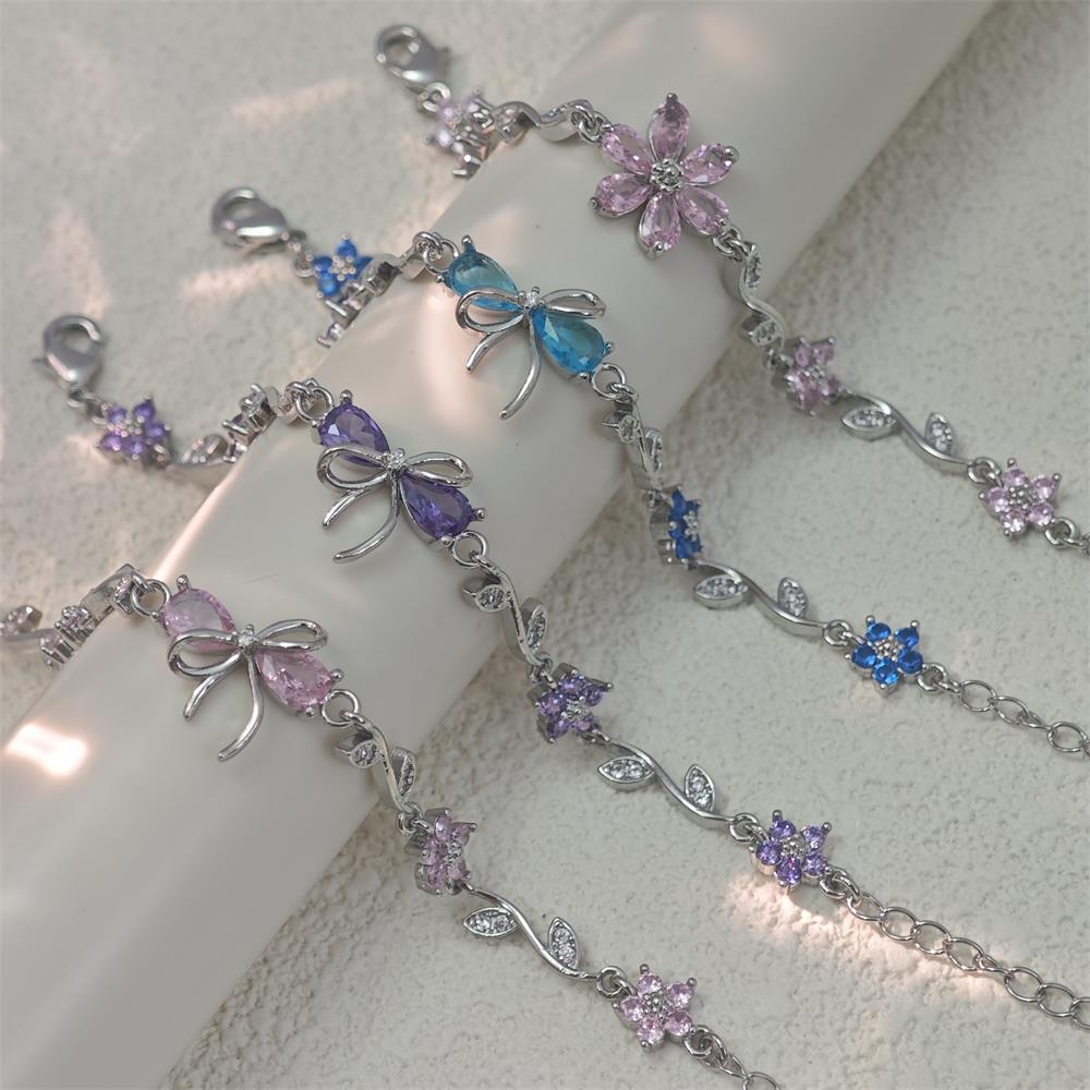 Leaf, Flower, Bow Knot Pattern All Seasons Season Wholesale Jewelry Elegant Leaf Flower Bow Knot Copper Zircon Bracelets