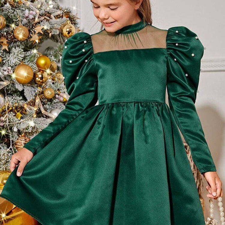 Christmas children's dress Princess dress little girl green puff sleeve European and American birthday dress long sleeve performance dress wholesale Christmas children's dress Princess dress little girl green puff sleeve European and American birthday dress long sleeve performance dress wholesale