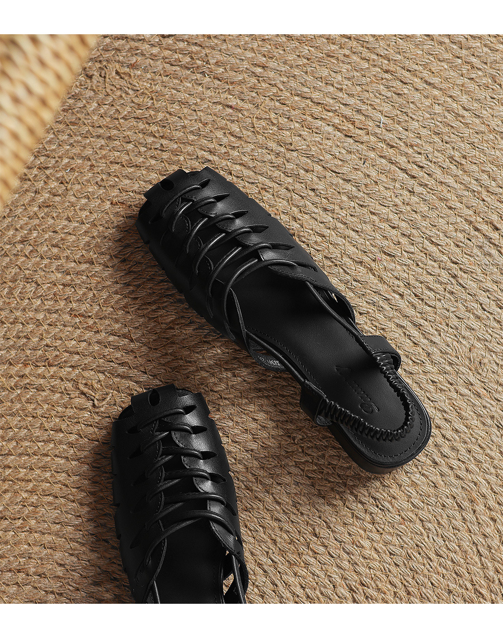 Dép sandal nữ da cừu bện mũi kiểu Pháp, gót thấp, quai chữ V đa năng — đen chi tiết 22