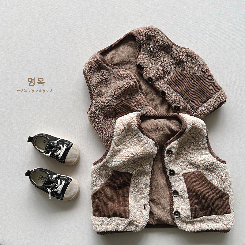 Chaleco de felpa a juego para niños invierno nuevo top para niños y niñas chaleco cálido personalizado de color de contraste de estilo japonés y coreano