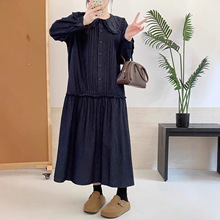 秋季新款日系森女系娃娃领棉质纯色连衣裙宽松大码木耳边拼接长裙