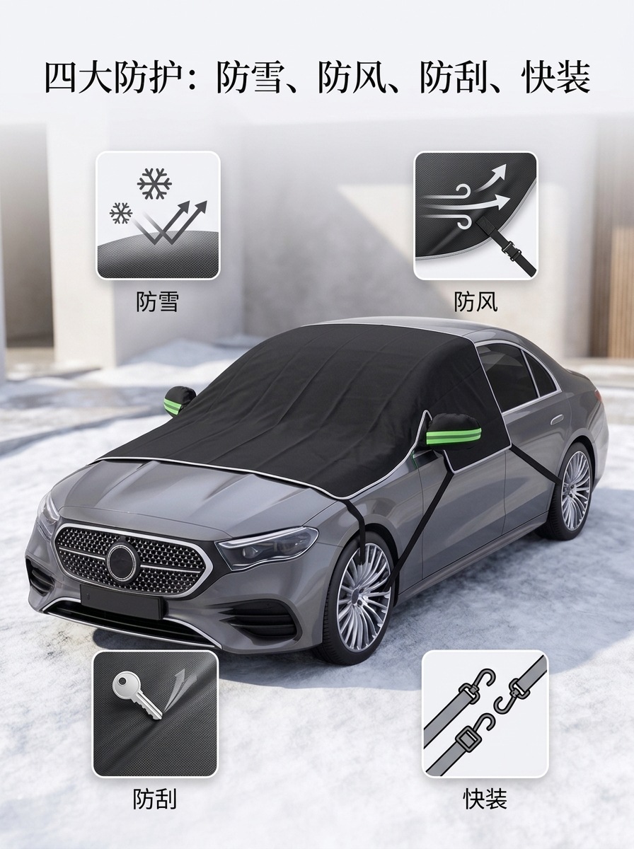 600D Oxford cloth car snow cover for front windshield, anti-freeze cover, frost-proof, snow-proof, winter half-cover car cover