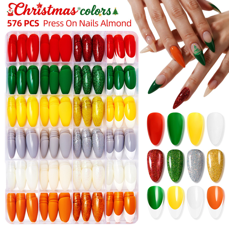 Amazon Christmas Boxed Adult Wearable Nails Glossy Frosted French Almond Tip Nails Colorful Press-On Nail Polish