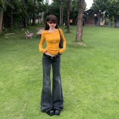 【今茵】美式复古低腰辣妹微喇裤修身显瘦百搭弹力竹纹牛仔长裤女