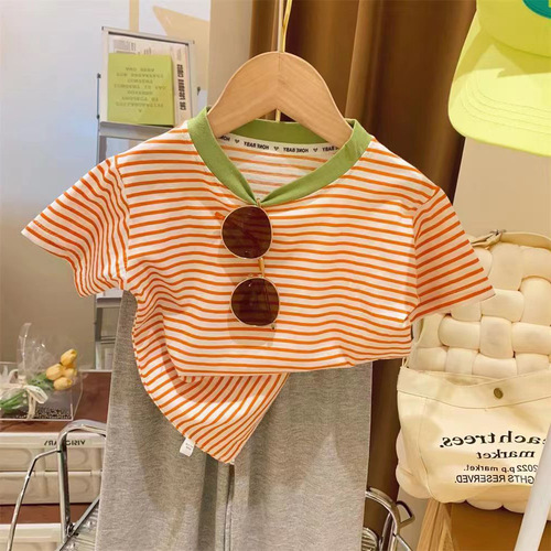 女童夏装短袖2024新款棉质条纹圆领休闲T恤宝宝薄款半袖打底衫潮