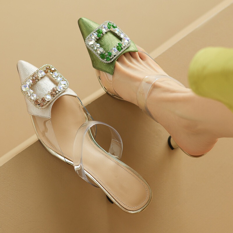 2024 Summer High-heeled Slippers National Style Silk Cowhide Embroidered Transparent with Rhinestone Square Buckle Slimming Baotou Women's Sandals